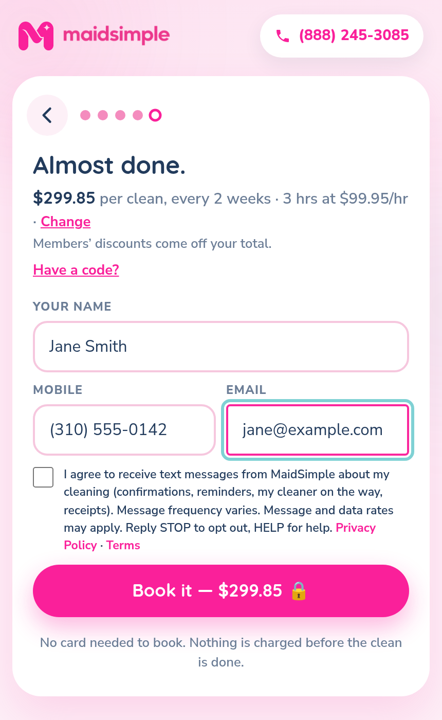 The booking form's last step: name, mobile, email, and the text-message consent box above the Book it button